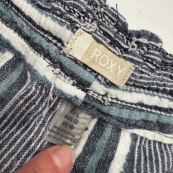 Roxy Oceanside Linen Blend Shorts Size 10 Dress Blues Cherokee Stripe Drawstring - Picture 5 of 11